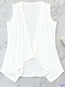 Plus Size Long Cardigan, Shawl Style, Modern, Elegant, Solid Color, Lightweight, Sleeveless, Open Front. - White - View 5