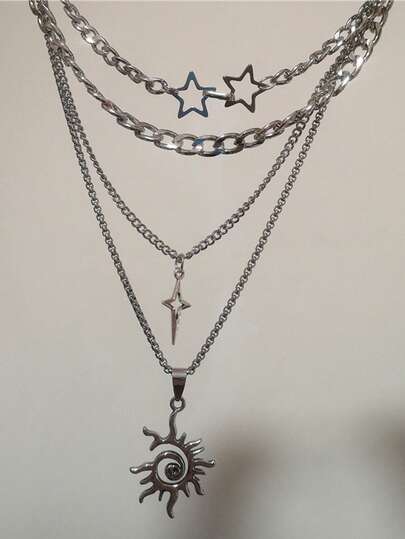 Conjunto de 3 Peças Colar Gargantilha em Camadas com Pendente Espiral em Aço Inoxidável e Estrela, Adequado para Mulheres, Joia Charmosa para Pescoço Redondo, Acessório Y2K
