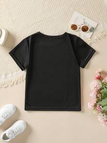 Girls' Short-Sleeved T-Shirt From The 'American Independence Day' Collection With Cartoon Prints Such As 'HAPPY 4TH OF JULY', Hamburger, United States, American Flag - 黑色 - 查看 2