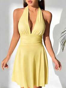 Minivestido tirantes cuello V fruncido espalda descubierta ajustado, bestseller europeo-americano - Negro - Ver 9