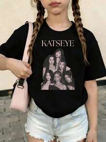 KATSEYE Printed Summer T-Shirts, Vintage Y2K Hip Hop Style, Short Sleeve T-Shirt, Summer Clothes For Girls, Toddler Girls' Clothes, Teen Clothes, Kids' Clothes - 酒紅色 - 查看 1