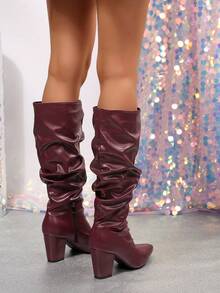 2024 New Women's Chunky High Heel Elastic Slim Fit Sock Boots Mid-Calf Ankle Boots - Burgundy - View 6