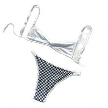 Bikini Triangular Dos Piezas Cuadros Rojo Blanco, Tirantes Finos Regulables con Contraste Rojo, Braguita Corte Alto para Playa y Piscina - Cuadros blancos y negros - Ver 5