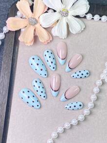 10 pièces d'ongles à coller faits main, ongles, faux ongles, ongles courts, acrylique à coller, ongles d'été, ongles roses, ongles bleus avec pois marron foncé peints à la main, parfaits pour le port quotidien, les sorties à la plage et les occasions de rendez-vous décontractés. - Bleu ciel - Voir 11