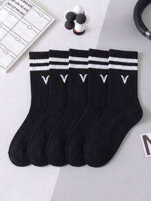 1/5/10/20 Pairs Black Letter Mid-Calf Socks, Striped Cuff Knitted Casual Street Style Mid-Calf Socks, Minimalist Yet Designed Overall Style, Suitable For Daily Commute, Casual Wear, Theme Parties, Holiday Gifts, Home Wear, Relaxed Style - Multicolor - View 19