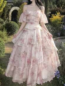 Women's Romantic Pink Floral Evening Cocktail Dress With Ruffle Hem, Elegant For Graduation Prom, Tea Party, Wedding Guest, Holiday Beach Fall - Baby Pink - View 5