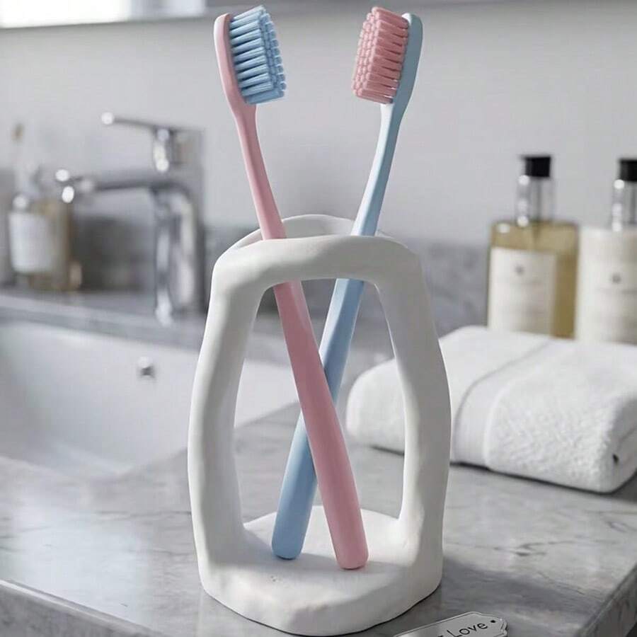 1pc Nordic Style Minimalist Toothbrush Holder, Toothbrush Cup Rack, Makeup Brush Storage Rack, Creative Home Decor Toothbrush Holder, Bathroom Supplies, Bathroom Accessories - White - View 1