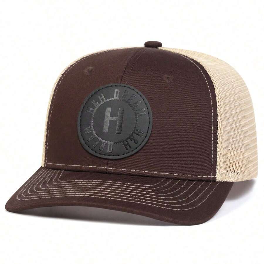 1 pieza Gorra de béisbol con visera ligeramente curvada con patrón de letras para hombres, gorra de camionero, parche de cuero, malla transpirable, para primavera, otoño, viajes al aire libre, playa, resort, verano, vacaciones, festival - Marrón - Ver 1