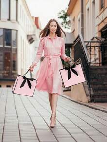 20/10/5/1pc Small Horizontal Kraft Paper Gift Bags With Ribbon Handles, Suitable For Weddings, Bridal Showers And Bachelorette Parties, Perfect For Birthdays, Weddings, Bridal Showers And Shopping (Black And Pink) - A - View 4