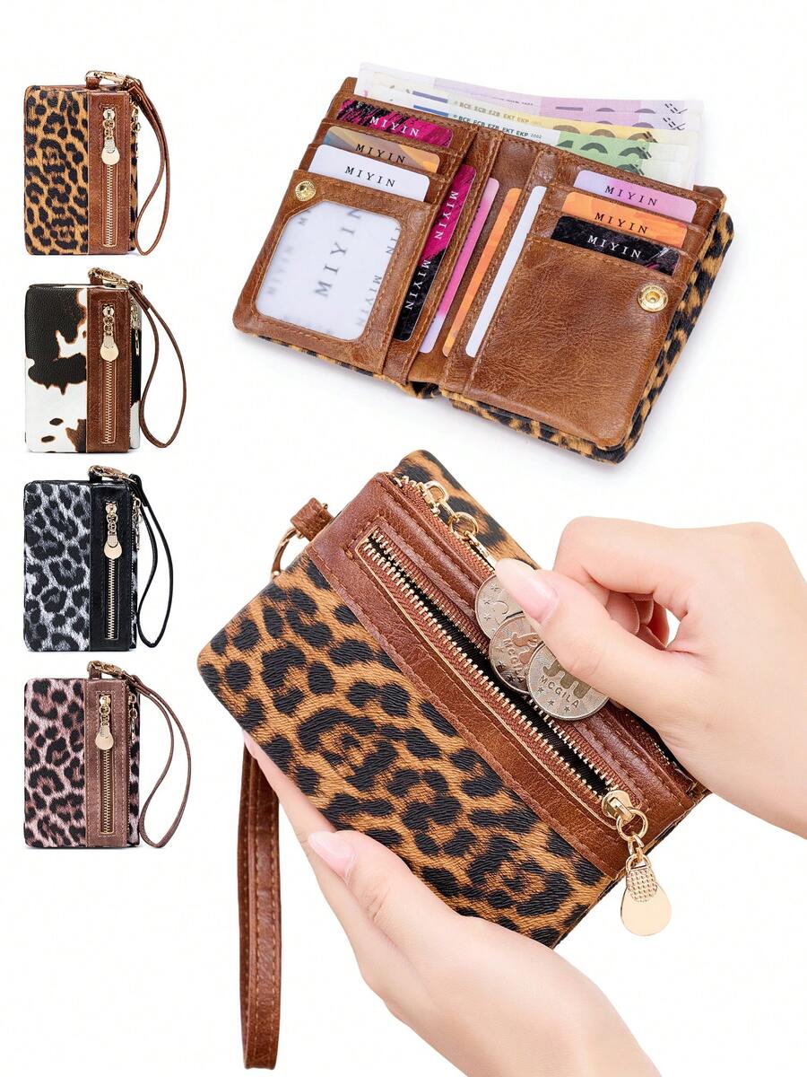 FOREVER MIYIN Billeteras pequeñas con correa de muñeca con estampado de leopardo minimalista para mujeres, billetera con múltiples ranuras para tarjetas, billetera de muñeca plegable, uso diario, útiles escolares, monedero