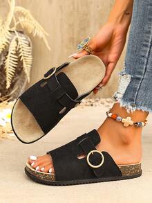 Women's Thick Sole/Cork Sole/Open Toe Metal Ring Buckle Solid Color No Pattern Open Toe/Low Top/Single Strap Thick Sole/Flat Sole/Platform Sole Slide Sandals Vintage Casual Style Summer/Beach Vacation/Daily Casual/Black Suede/Cork Sole Beach Sandals - Black - View 4