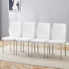 Set Of 4 Elegant Dining Chairs In Light Luxury Style: White PU Back With Vertical Ribbing + Silver - White - View 2