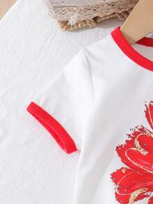 2pcs/Set Baby Girls' Nature-Inspired Floral Print Contrast Color Round Neck Short Sleeve T-Shirt And Matching Plaid Straight Pants Set, Summer - Red and White - View 5