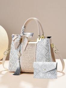 Women's Oriental Crane Jacquard Handbag Set, Crossbody Shoulder Bag With Silk Scarf Decoration, Suitable As Mother's Day Gift - Khaki - View 12