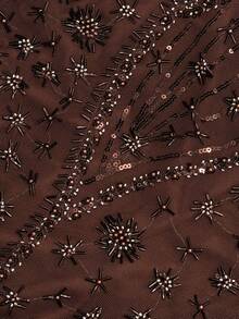UNITHORSE Women's Square Neck Backless Cinched Waist Floral Beaded Elegant Evening Dress - Coffee Brown - View 4
