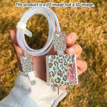 1 Set Transparent Square Shell Flower/Cherry/Strawberry/Butterfly Design Data Cable Protector Sleeve Compatible With IPhone/Apple 18-20W Charger Protective Case Cover To Prevent Breakage - Multicolor - View 5