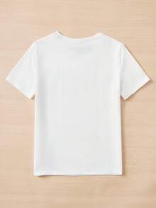 Camiseta con estampado de dibujos animados y lazo con estampado de leopardo, camiseta de manga corta con cuello redondo para niñas, ropa de verano para niñas, adecuada para edades de 8 a 14 - Blanco - Ver 2