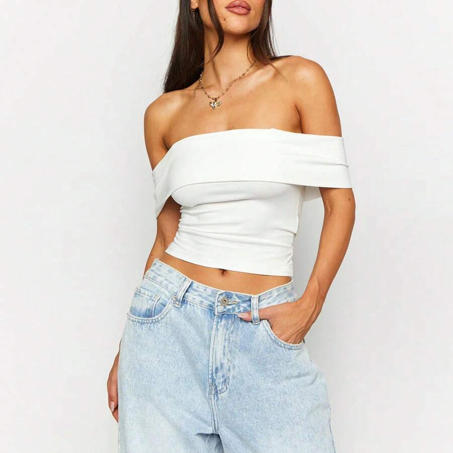 Top mujer verano hombros descubiertos manga raglán - Blanco - Ver 1