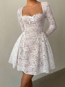 Vestido blanco mini sexy con manga larga, cuello en forma de corazón de encaje, lazo y fruncido, estilo romántico y dulce para mujer, ideal pa - Blanco - Ver 8
