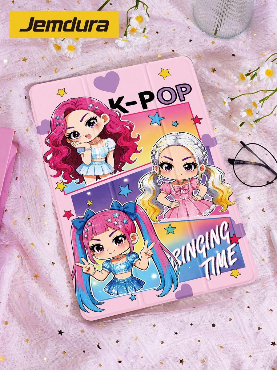 1pc Pink K-Pop Anime Girl Pattern Tablet Protective Case, Tri-Fold Stand Protective Shell, Compatible With IPad/Compatible With IPad 10.2 Inch Pro 2021/2020 / (A16) 11 Inch 11th Gen 2025/10th Gen, Galaxy Tab A8 10.5 Inch 2022, Matepad 10.4/ Tab Best Christmas Gift For Family And Friends, Gift For Kids / Gift For Family