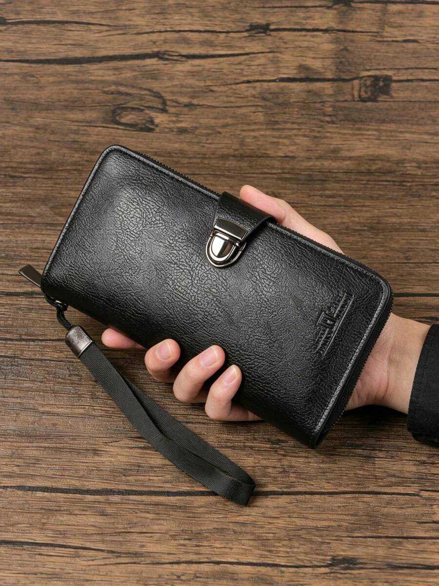 HOVI'S Cartera de hombre con correa larga para la muñeca - PU texturizado negro, múltiples ranuras para tarjetas, compartimento para teléfono, cierre con cremallera y broche, gran capacidad - Negro - Ver 1