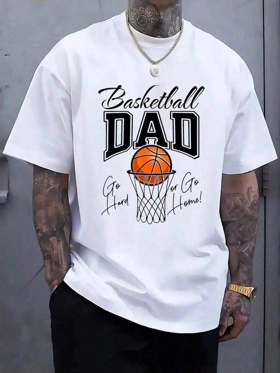 1 Piece Basketball Fan Dad T-Shirt, Father's Day Outfit, White Summer Short Sleeve Crew Neck T-Shirt, Men's Top 180g Soft Cotton - 白色 - 查看 1