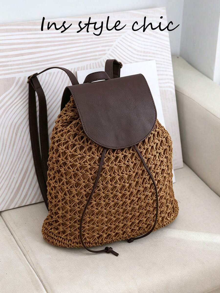 Solid Drawstring Backpack Purse, Smooth Faux Leather Flap Decor Adjustable Shoulder Straps Spacious Storage Bag For Daily Commute Travel - Coffee - View 1