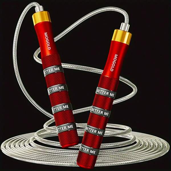 1 cuerda para saltar profesional para entrenamiento cardiovascular, MOGOLD, cable de acero resistente al desgaste de 3 metros (10 pies) recortable, rodamientos de bolas dobles giratorios, empuñaduras ergonómicas antideslizantes de EVA de aluminio rojo dorado para CrossFit, pérdida de peso y entrenamiento diario en interiores.