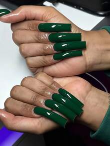 ¡Añade un toque romántico! 20 piezas de uñas postizas largas y curvas, diseño de color verde oscuro sólido elegante y vintage, estilo clásico de alta gama baddie, incluye 1 pieza de pegamento de gelatina y 1 pieza de lima de uñas (el pegamento de gelatina se envía al azar), adecuado para mujeres y niñas para uso diario, reuniones, fiestas y talla grande - Verde Oscuro - Ver 2