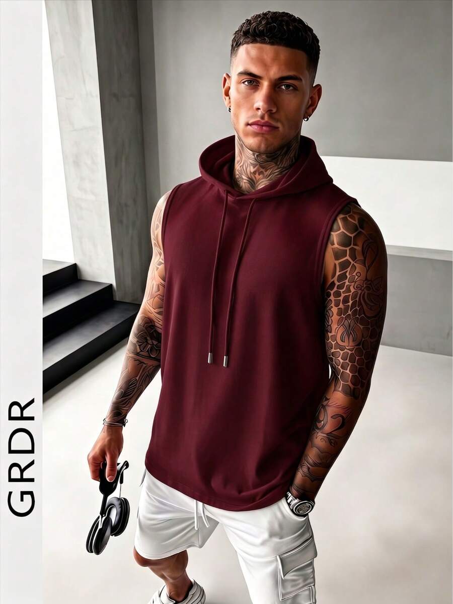 GRDR Men's Summer Hooded Solid Color Tank Top, Casual Sports Style, Fashionable And Minimalist For Summer Sports Outfits