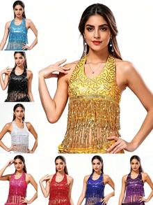 1 pieza Top de sujetador halter hecho a mano con lentejuelas y flecos con cordones, top corto de danza del vientre para mujer, atuendo estilo sari bohemio, disfraz retro para festival, rave, fiesta, discoteca, playa, ropa exótica, accesorios de playa para mujer - Multicolor - Ver 1
