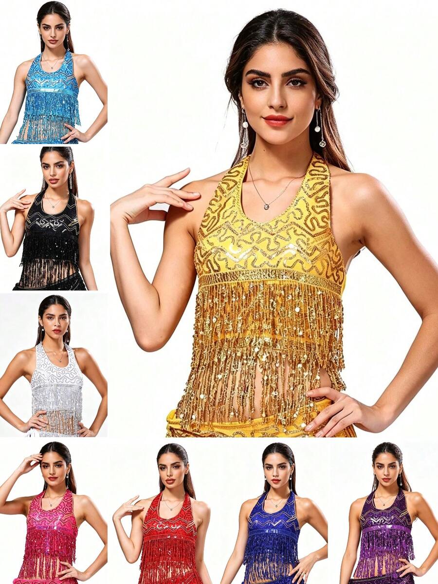 1 pieza Top de sujetador halter hecho a mano con lentejuelas y flecos con cordones, top corto de danza del vientre para mujer, atuendo estilo sari bohemio, disfraz retro para festival, rave, fiesta, discoteca, playa, ropa exótica, accesorios de playa para mujer - Multicolor - Ver 1