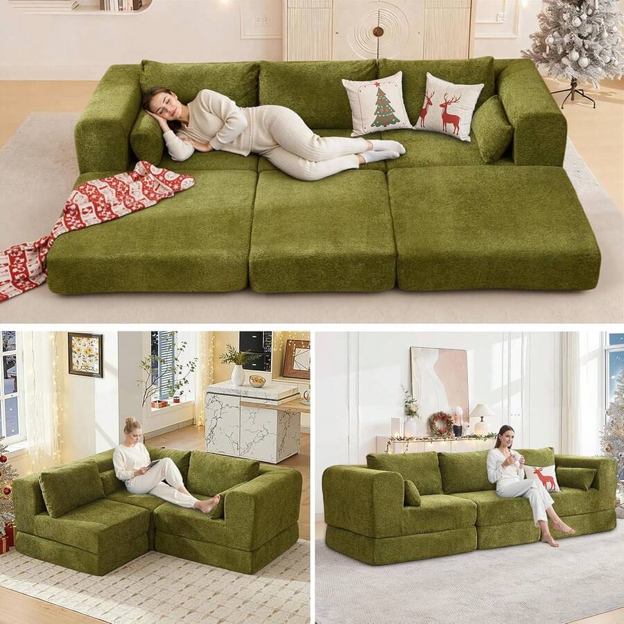 STHOUYN Sofá cama convertible de chenilla plegable de 106 pulgadas, sofá modular de piso verde extraíble con almohada, sofá seccional de espuma viscoelástica sin resortes para sala de estar y recámara - Verde - Ver 1