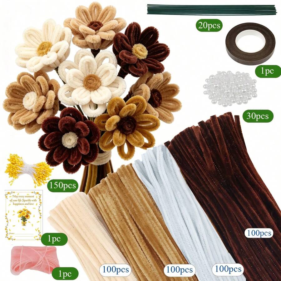 603 Pcs Kit Kerajinan Bunga dari Pembersih Pipa dengan Kartu Ucapan dan Video Tutorial, Set Perlengkapan Pembuatan Bunga DIY Lengkap, Paket Aksesoris Berwarna-warni Bertekstur, Kit Kerajinan Batang Chenille Premium