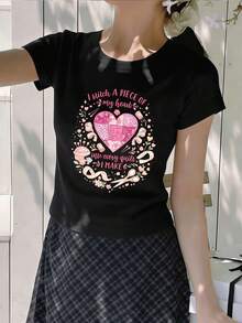 Camiseta de mujer con estampado gráfico de corazones cosidos, algodón premium, estilo hip-hop urbano, cómoda, duradera, estampado llamativo. - Negro - Ver 2