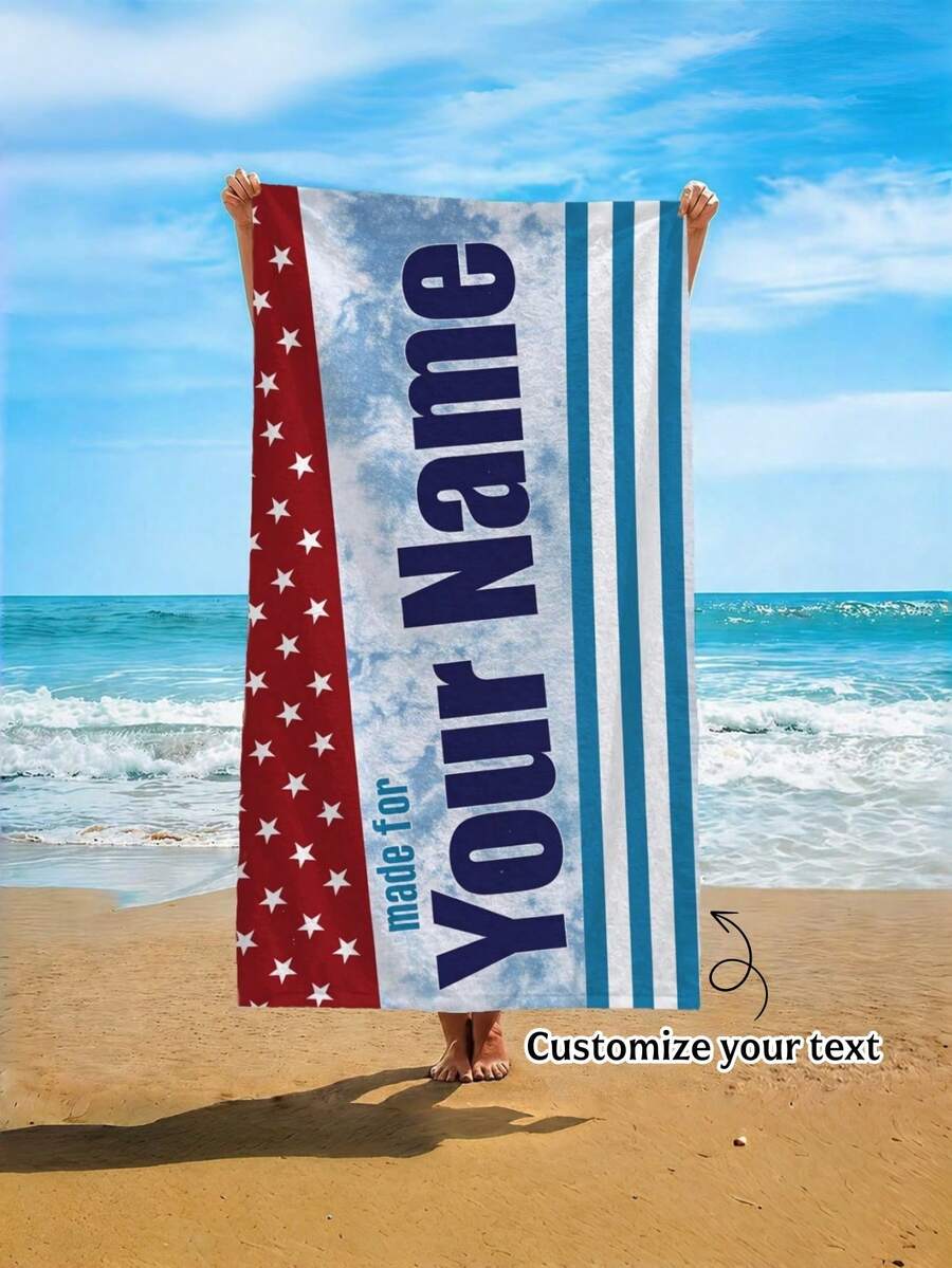 1pc Personalized Name/Text Beach Towel, Suitable For Pool, Picnic, Quick Dry Lightweight Microfiber, Customized Name/Text Design, Flag Star Pattern, Hand Wash Care, Gift Suitable - Multicolor - View 1