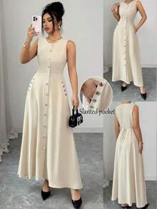 Elenzya Vestido de mujer beige liso sin mangas, abotonado simple con decoración de metal, cuello redondo, cintura ceñida con lazo, elegante, pa - Albaricoque - Ver 4