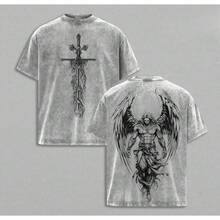 Camiseta de San Miguel Arcángel con Espada Ardiente, Camiseta Cristiana Lavada, Ropa Estética, Balanza de la Justicia, Camisetas de Jesús, Mercancía Cristiana, Camisetas del Arcángel Miguel, - Gris - Ver 1
