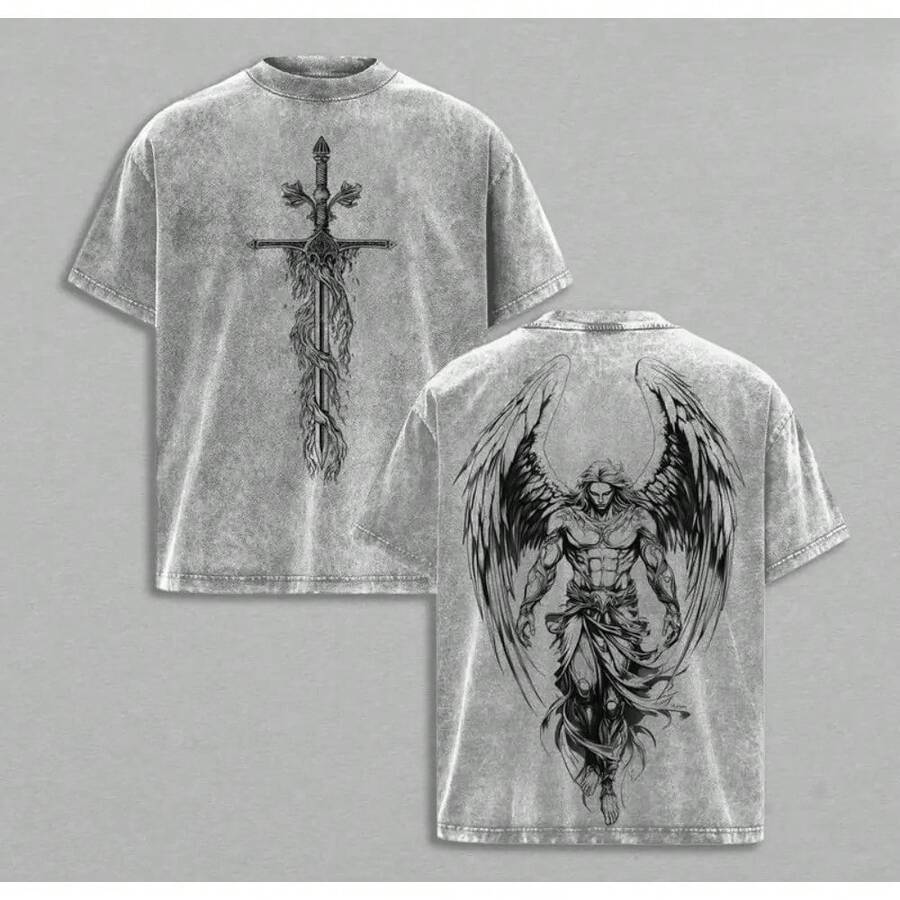 Camiseta de San Miguel Arcángel con Espada Ardiente, Camiseta Cristiana Lavada, Ropa Estética, Balanza de la Justicia, Camisetas de Jesús, Mercancía Cristiana, Camisetas del Arcángel Miguel, - Gris - Ver 1
