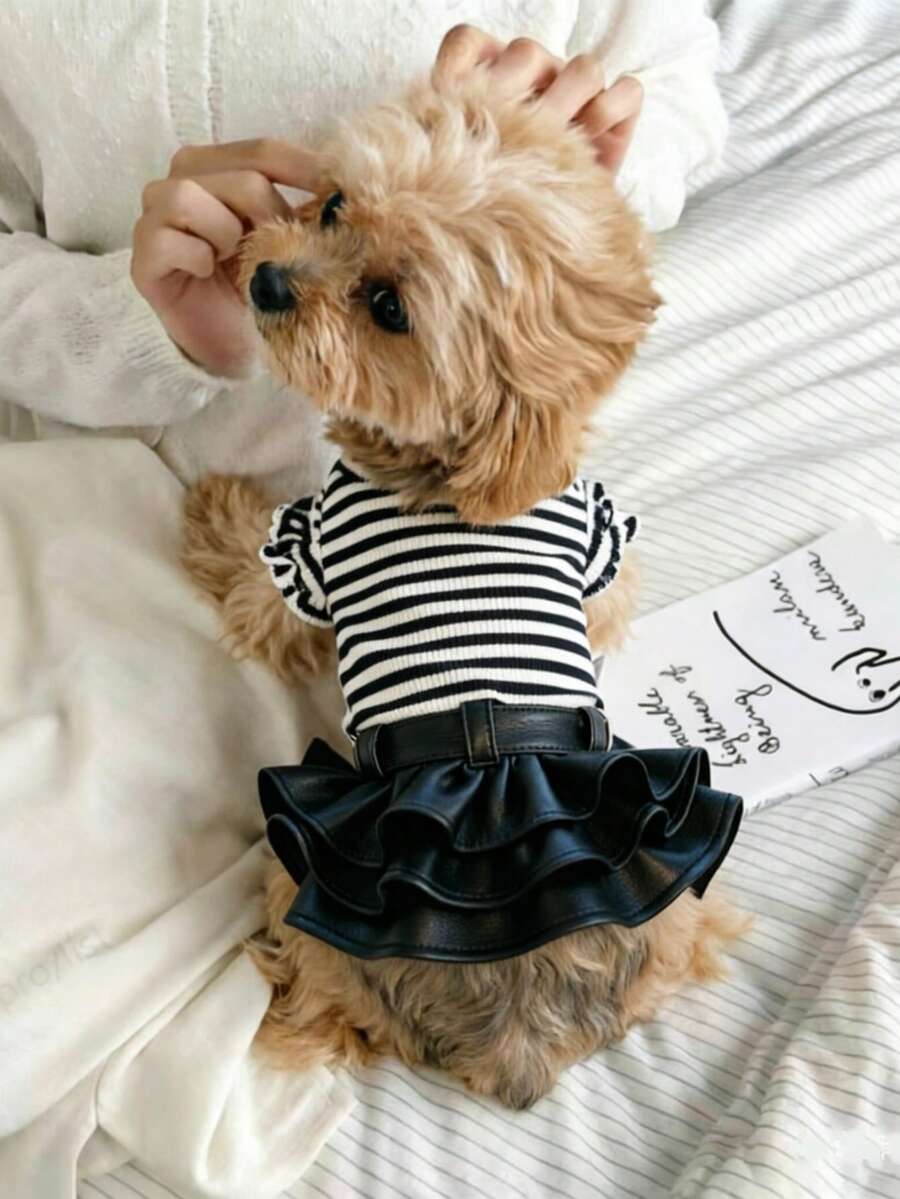 手工寵物服飾 條紋襯衫 寵物衣服 狗貓T恤 PU皮革迷你裙 多色可選