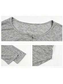 Comfortable Women's Long Sleeve Henley Shirt, Grey Polyester High Elasticity T-Shirt, Casual Regular Fit, Suitable For Daily Wear - Grey - View 10