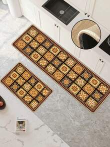 1pc Khaki Floral Tile Pattern Rubber Kitchen Mat, Absorbent And Easy To Clean, Suitable For Kitchen, Bathroom And Other Areas, Suitable For Year-Round Use, Suitable For Various Holidays - Multicolor - View 7