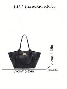 Luxury Black Matte PU Tote Bag, Sleek Trapezoid Large Capacity Shoulder Design With Metal Twist Lock And Dual Drawstring Details, Soft PU Material Lightweight And Resilient, Suitable For Teachers, Young Professionals Daily Commute, Business Commute, Dating And Outings - Black - View 5