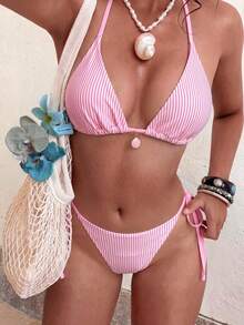 Striped Lace-Up Backless Bikini Set For Beach, Stage, Concert And Vacation Summer Pink - Pink - View 6