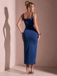 Vestido de mezclilla sin mangas de unicolor y estilo casual para uso diario de mujeres - Azul lavado medio - Ver 7