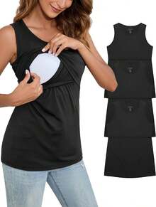 Sosolism 3 Paquetes Tirantes de Lactancia sin Mangas Camisetas para Embarazo Blusas Amamantar - Negro /Negro / Negro (3 PAQUETES) - Ver 2