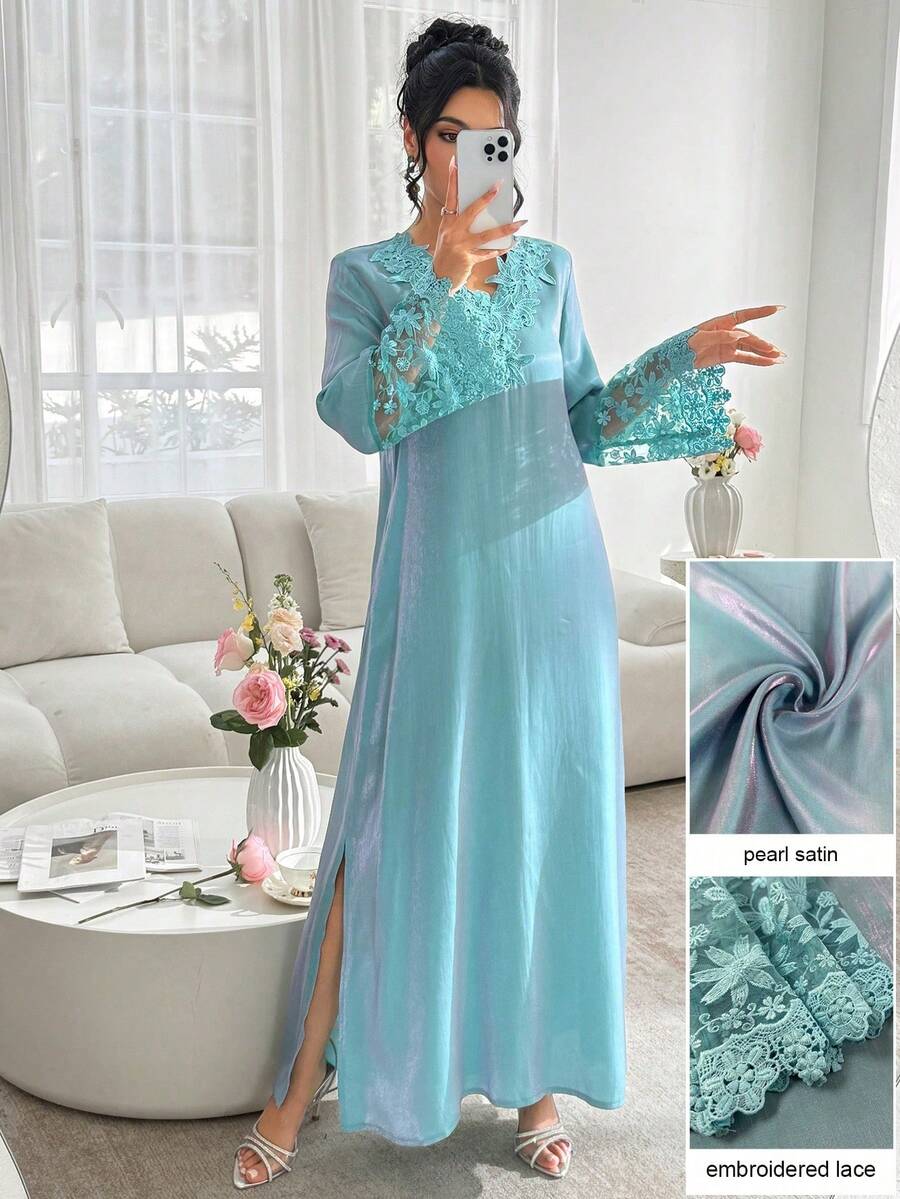 Vestido Maxi Najma con Cuello en V, Bordado Floral, Manga Larga, Patchwork y Bajo con Volantes, Estilo Tradicional Turco y Árabe - azul claro - Ver 1