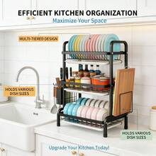 Escurreplatos de acero inoxidable resistente de 3 niveles para sobre el fregadero, organizador de encimera de cocina antideslizante, de gran capacidad y resistente a la corrosión, con escurridor extraíble y soporte para utensilios, cuchillos, vasos y tabla de cortar, ahorra espacio y es fácil de limpiar | Organizador Cocina Kitchen Essentials - Negro (versión engrosada) - Ver 4