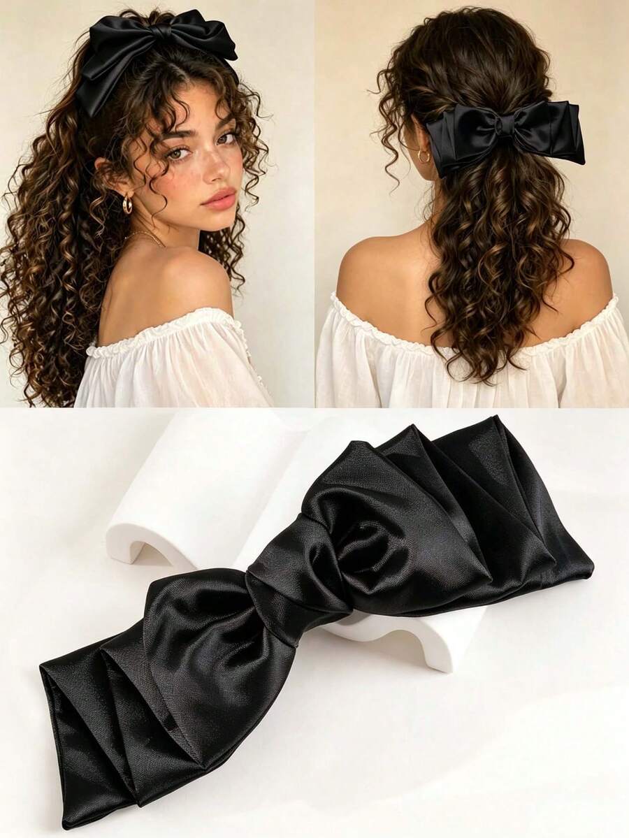 1pc Black Fabric Triple Bow Hair Clip, Suitable For Daily Life And Holiday Parties - Black - View 1