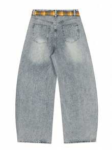Cartoon Embroidered Plaid Belt Loose Wide Leg Curved Hem Jeans Casual Fall - Blue - View 9